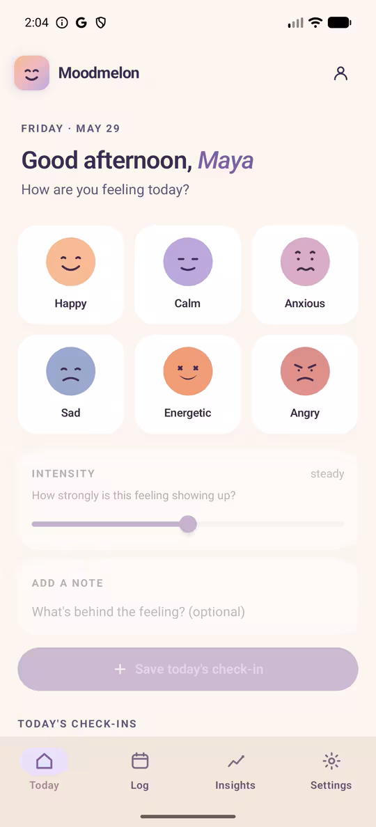 Moodmelon Today screen showing six mood options