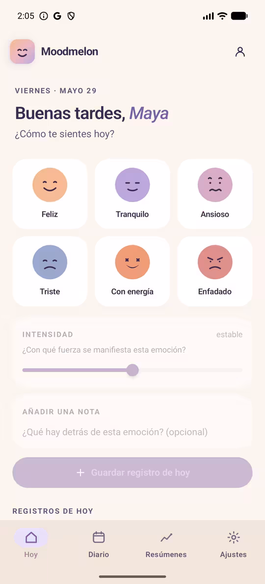 Pantalla de hoy de Moodmelon mostrando seis opciones de ánimo