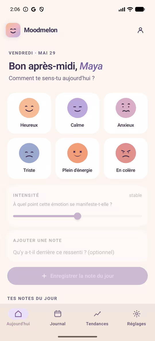 Écran d'aujourd'hui de Moodmelon avec six options d'humeur