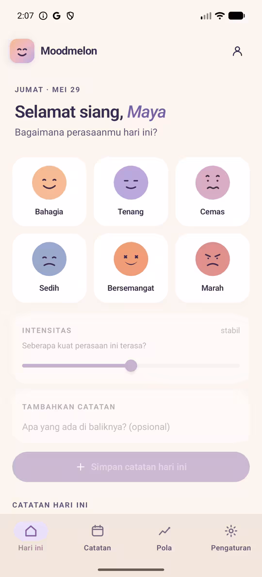 Layar Hari Ini Moodmelon menampilkan enam pilihan suasana hati