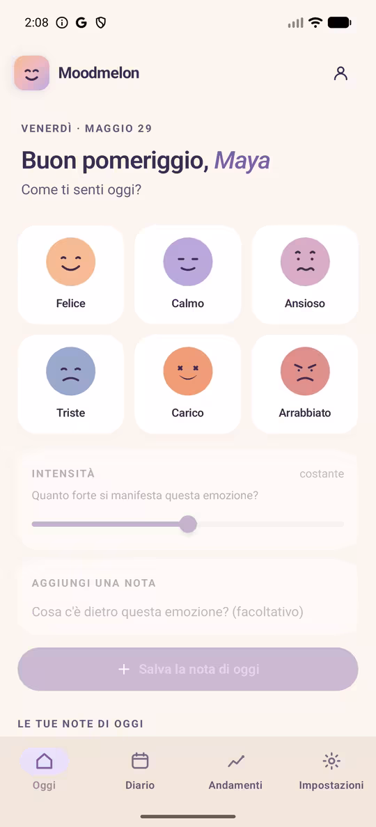 Schermata Oggi di Moodmelon con sei opzioni di umore