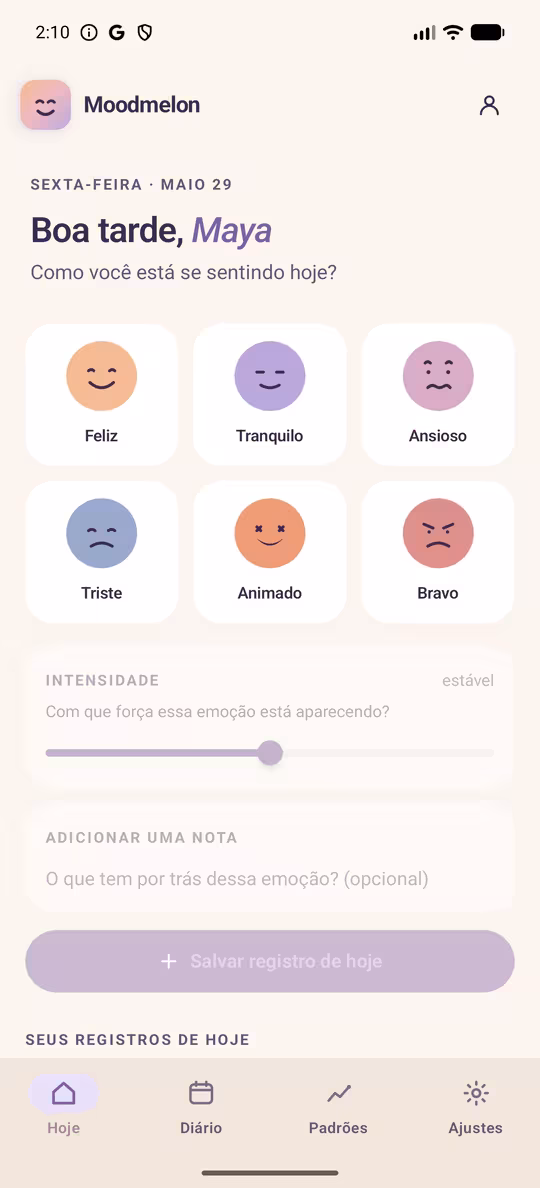 Tela Hoje do Moodmelon mostrando seis opções de humor